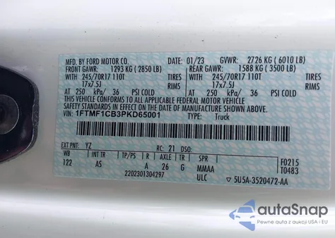 2023 Ford F-150 Xl из США, поврежденный, VIN 1FTMF1CB3PKD65001